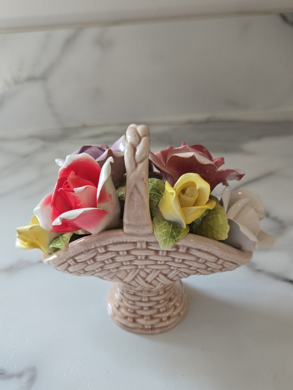 vintage Japanese porcelain floral basket figurine hand-formed 3D Roses